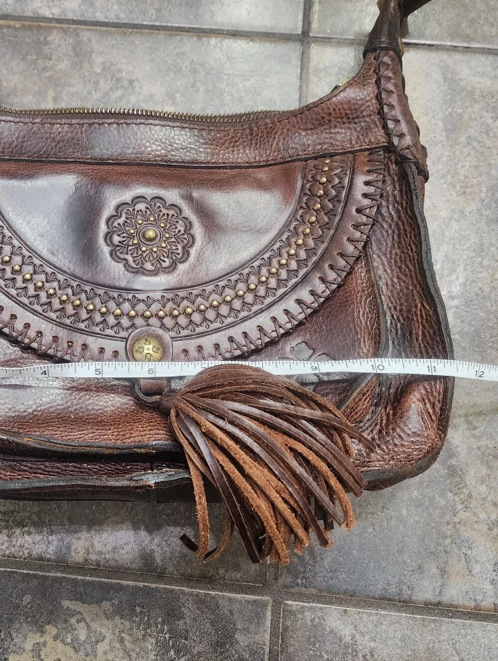 Patricia Nash Camila Brown Leather Tassel Crossbody Indie Boho Purse Bag